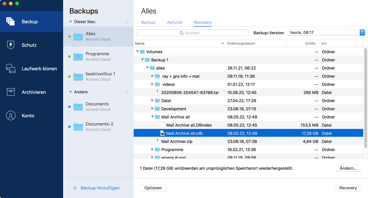 Locate archive in Acronis