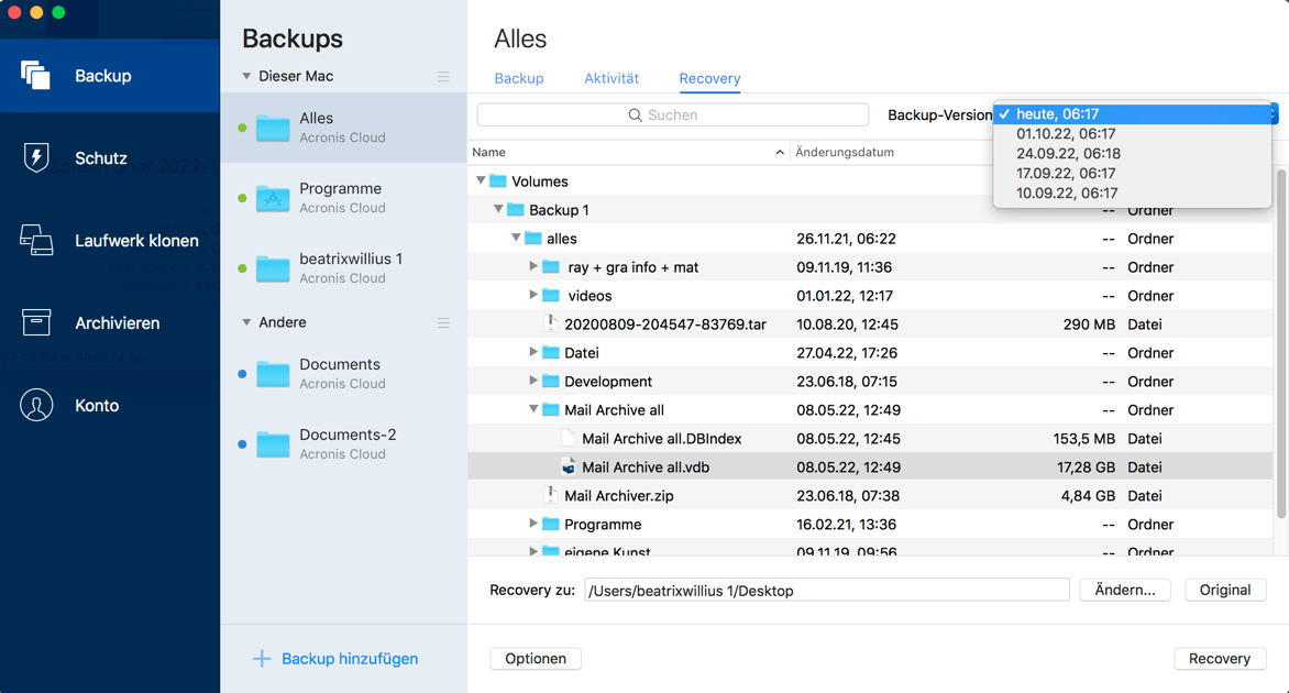 Select backup version in Acronis