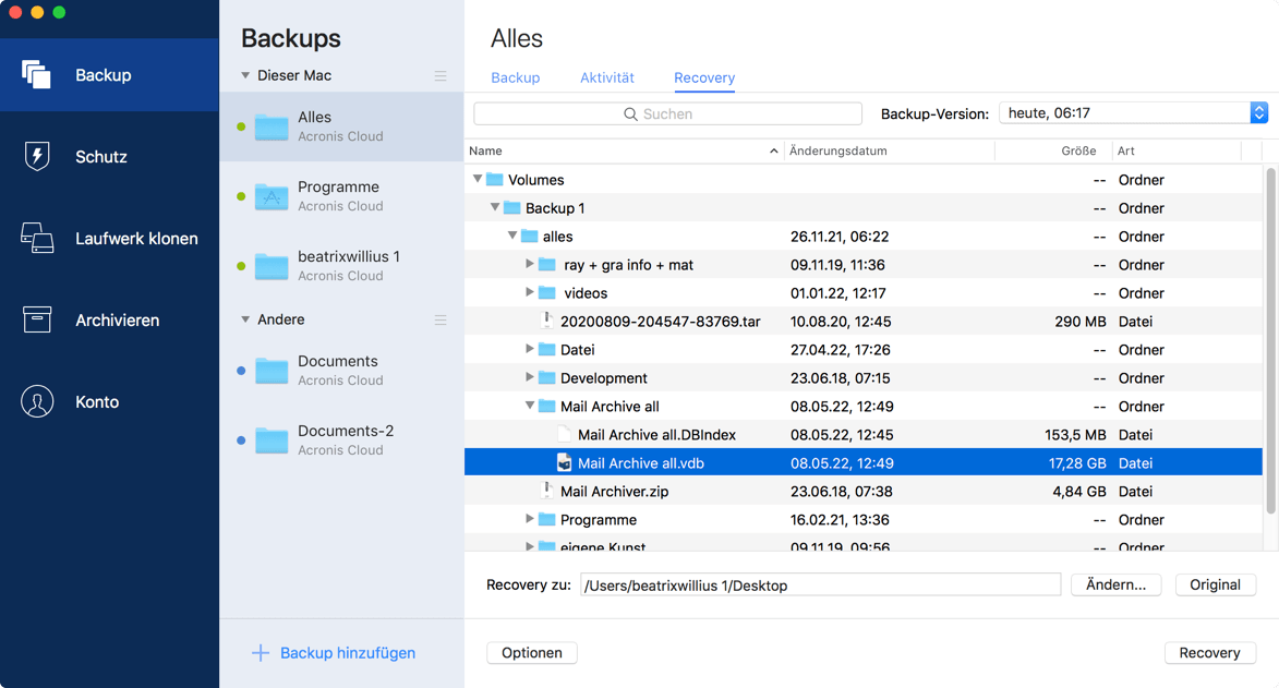 Change recovery location for Acronis