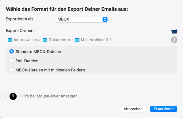 Optionen für den mbox export