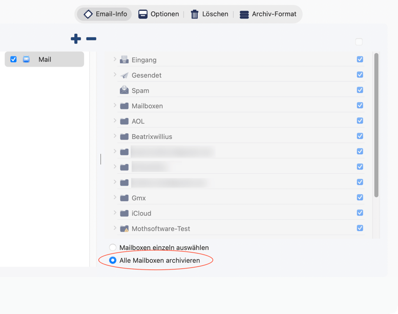 Archiviere all mailboxen ist ausgewählt