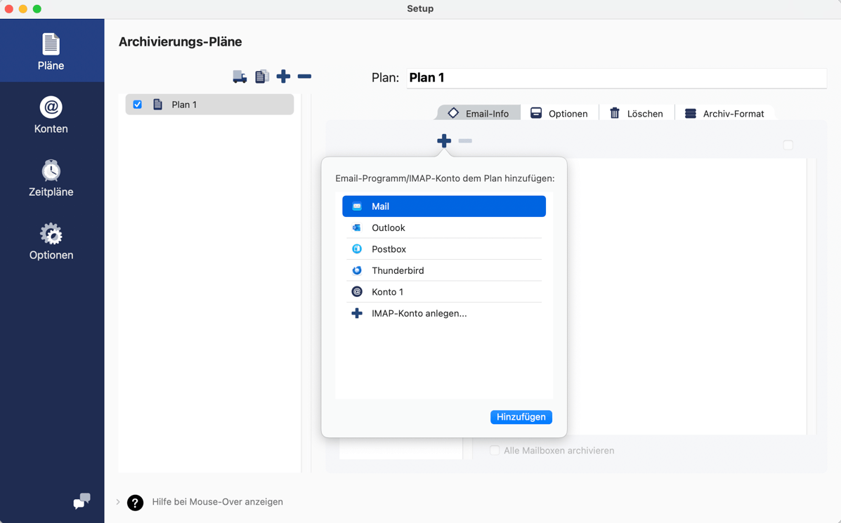 Email Programme oder IMAP Konten zum Plan hinzufügen