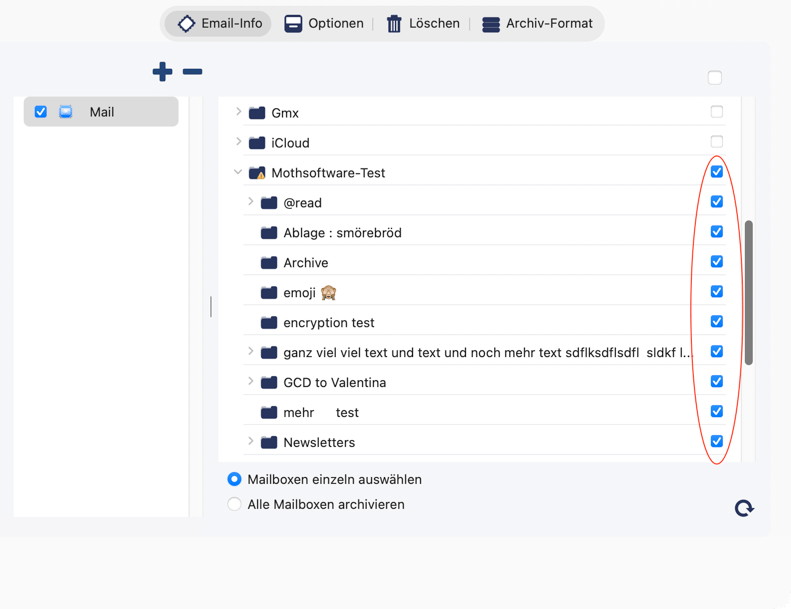 Wähle Konten oder Mailboxen für die Archivierung aus