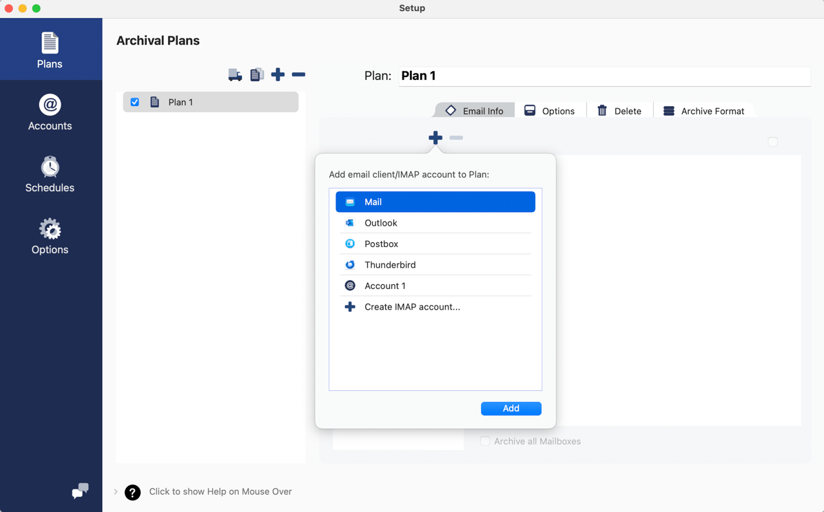 Add account or email client to Plan