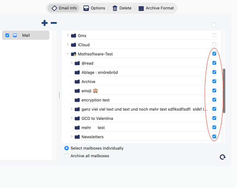 Select accounts or mailboxes for archiving