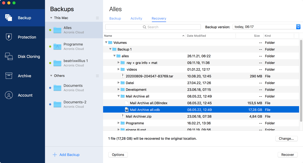 Locate archive in Acronis