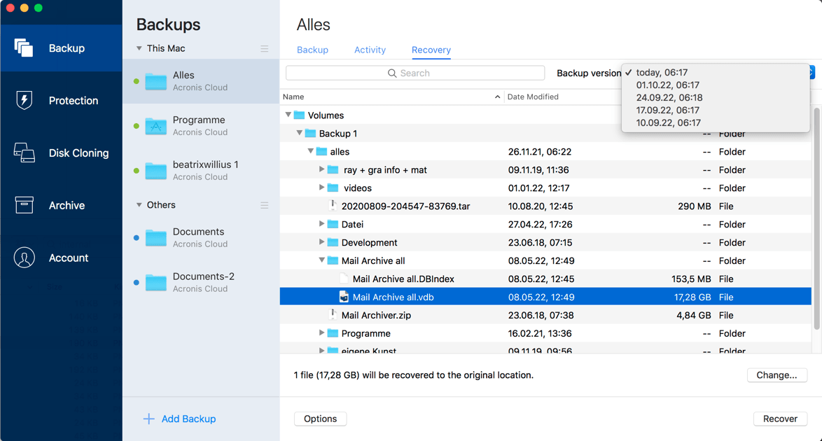 Select backup version in Acronis
