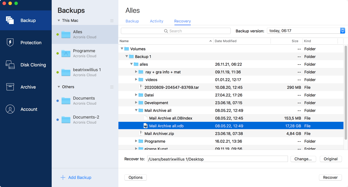 Change recovery location for Acronis