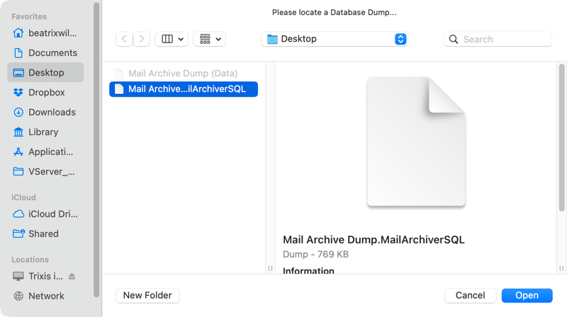 Select database dump for loading